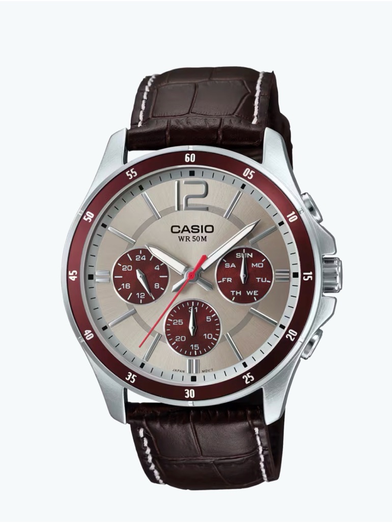 Casio Men's Brown Leather Chronograph Watch With Burgundy Accents